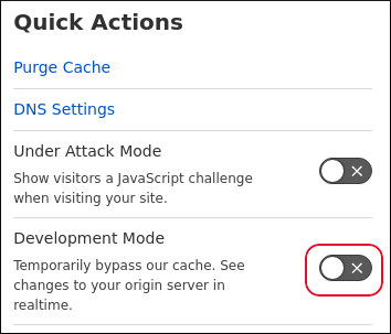 Cloudflare - Deveopment Mode disabled