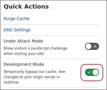 Cloudflare - Deveopment Mode enabled