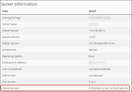 cPanel - Server Information - Kernel Version row