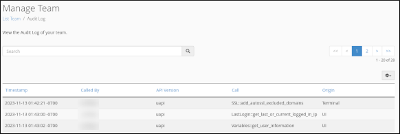 cPanel - Manage Team - Audit Log example