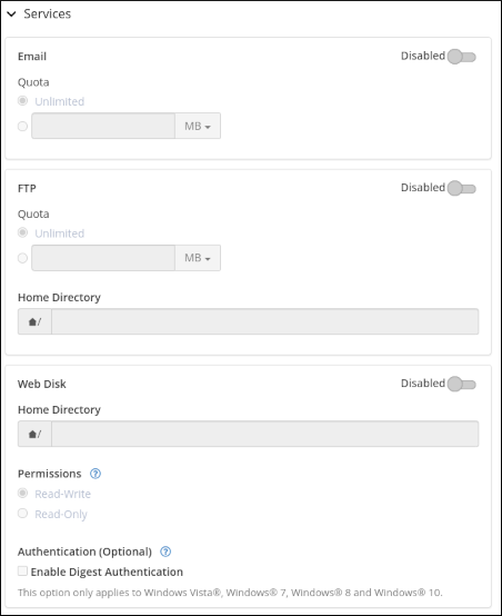 cPanel - Manage Team - Create User - Services