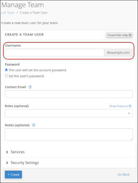 cPanel - Manage Team - Username