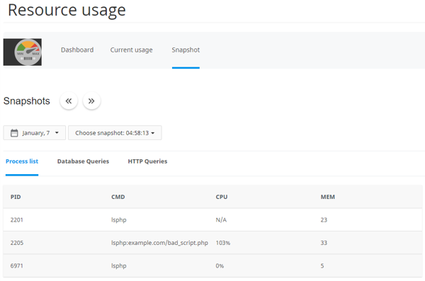 cPanel - CPU resource limit snapshot