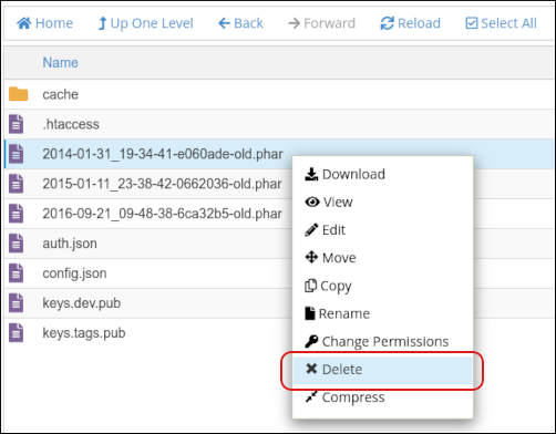 cPanel - File Manager - Select file to delete