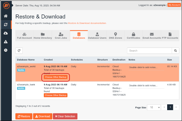 JetBackup - Databases - Choose other backup