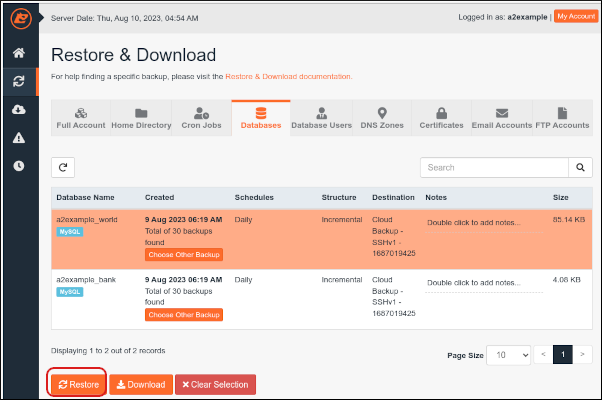 JetBackup - Databases - Restore