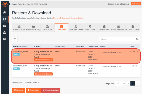 JetBackup - Databases - Select database