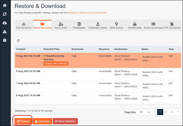 JetBackup - Dashboard - Home Directory - Restore