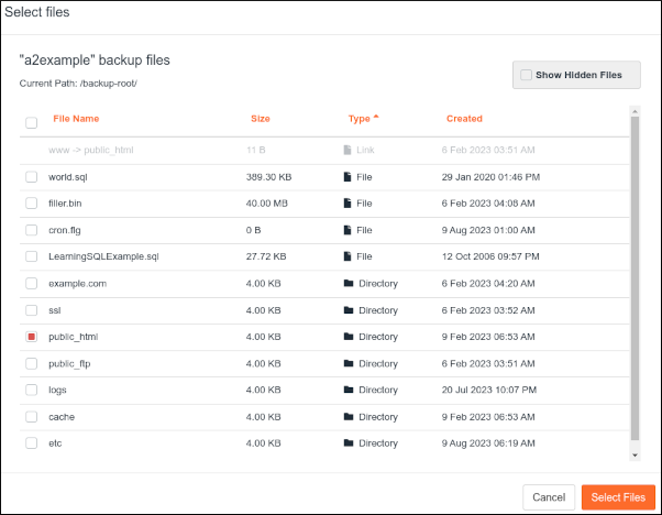 JetBackup - Dashboard - Home Directory - Select files