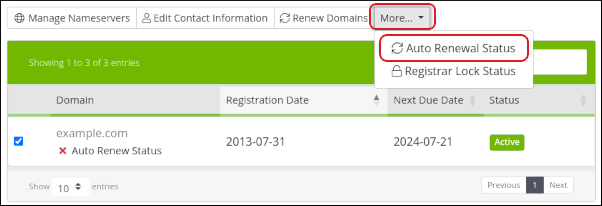 Customer Portal - Auto-renew - More - Auto Renewal Status