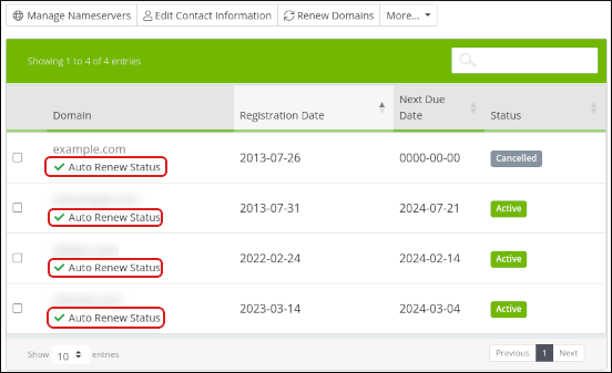 Customer Portal - Domains - My Domains - Auto Renewal Status