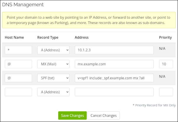 Customer Portal - Domains - DNS Management page