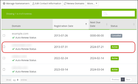 Customer Portal - Domains - List