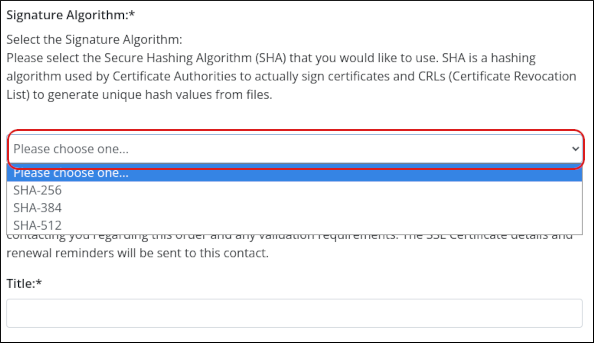 Customer Portal - SSL Certificate - Select Signature Algorithm