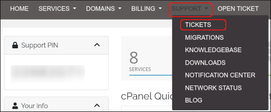 Customer Portal - Support - Tickets menu