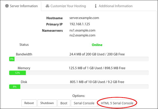 Customer Portal - VPS - HTML 5 Serial Console button