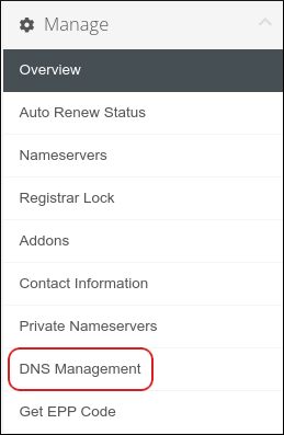 Customer Portal - Domains - DNS Management sidebar menu