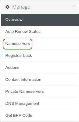 Customer Portal - Domains - Nameservers sidebar menu