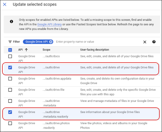 Google Cloud Console - Select scopes