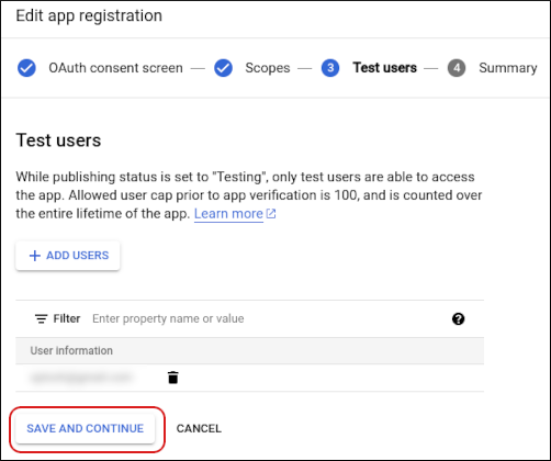 Google Cloud Console - Users - Save and Continue