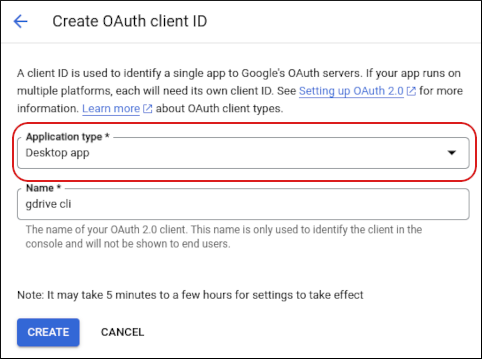 Google Cloud Console - Application type