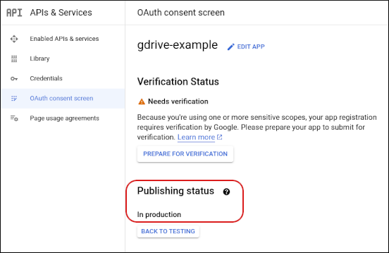 Google Cloud Console - Publishing Status