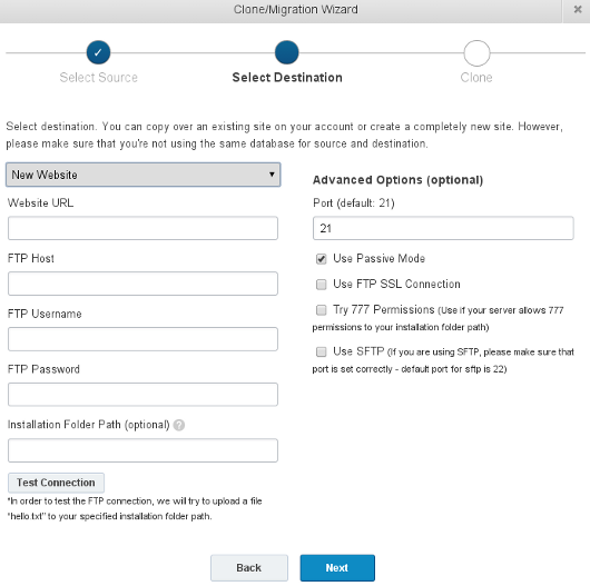 ManageWP - Clone - Select Destination