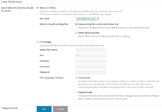 Plesk - Copy Files page