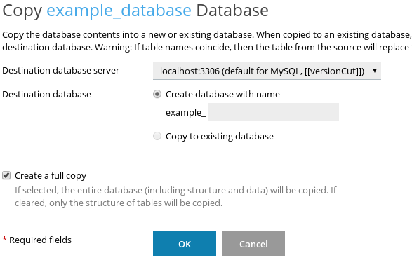 Plesk - Copy Database page