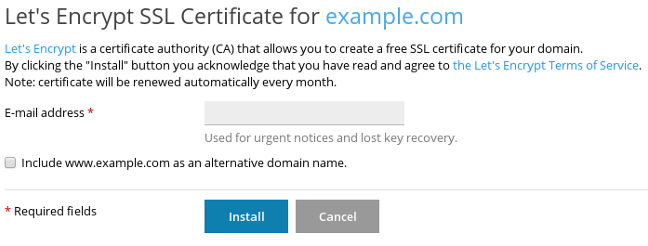 Plesk - Let's Encrypt SSL Certificate page