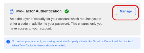 Webmail - Preferences - Security (2FA) - Manage