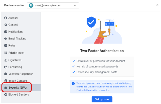 Webmail - Preferences - Security (2FA)