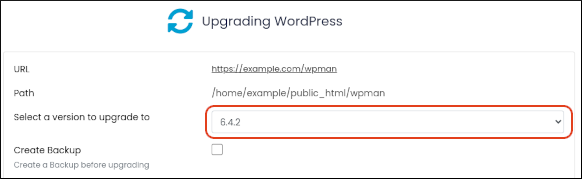 Softaculous - WordPress Manager - Select upgrade version