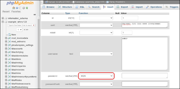 WHMCS - phyMyAdmin - tbladmins table - Edit function