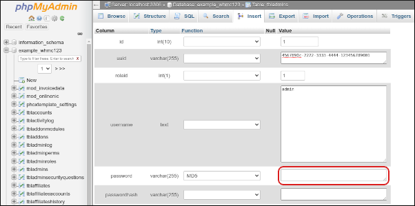 WHMCS - phyMyAdmin - tbladmins table - Edit password value