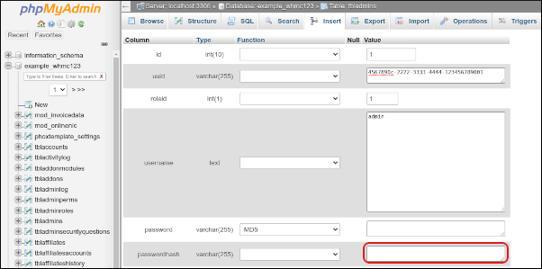 WHMCS - phyMyAdmin - tbladmins table - Edit passwordhash value