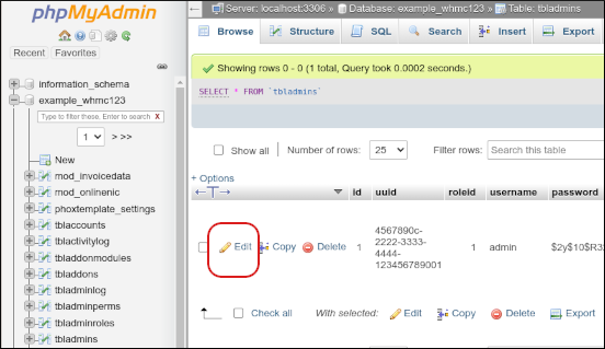 WHMCS - phyMyAdmin - tbladmins table - Edit