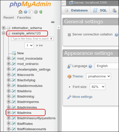 WHMCS - phyMyAdmin - tbladmins table