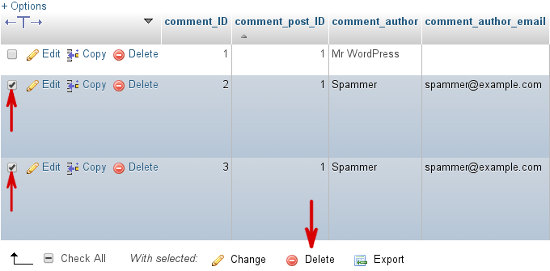 phpMyAdmin - Bulk delete comments