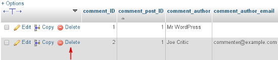 phpMyAdmin - Delete single comment
