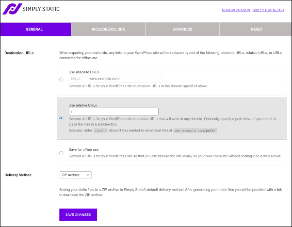 WordPress - Simply Static - Settings page