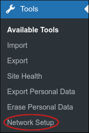 WordPress sidebar - Tools - Network Setup