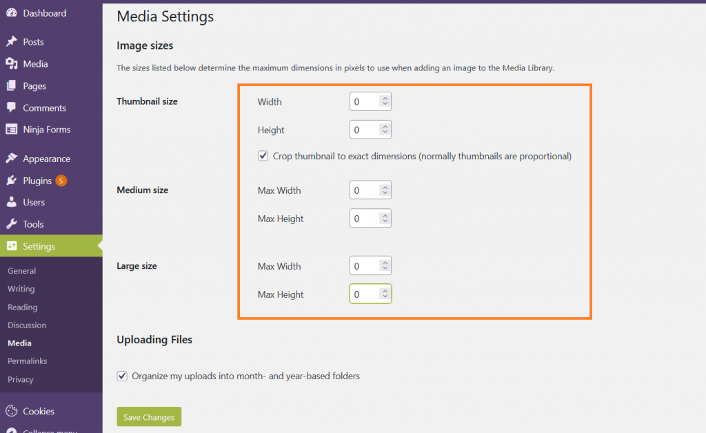 WordPress media image size setting