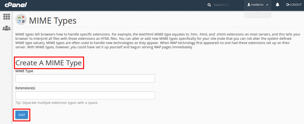 cPanel Create a MIME Types