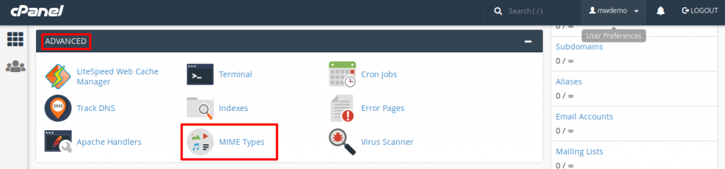 cPanel MIME Types