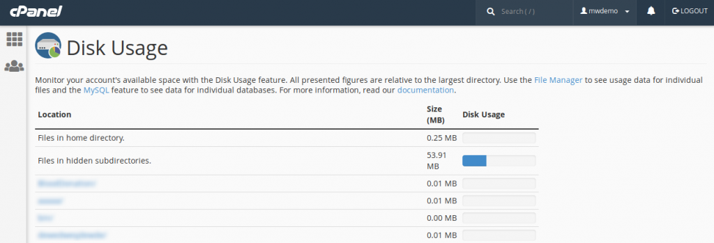 cPanel Disk Usage