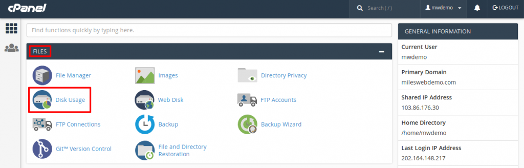 cPanel Files Disk Usage