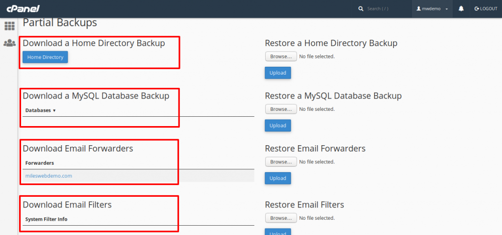 cPanel Partial Backups