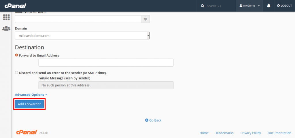 cPanel Email Add Forwarder