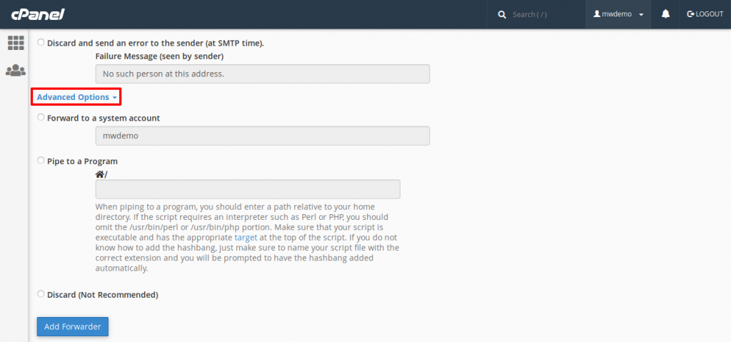 cPanel Email Forwarders Advanced Options